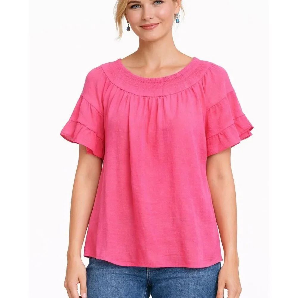 Nanette Nanette Lepore pink ruffled smocked neck blouse am